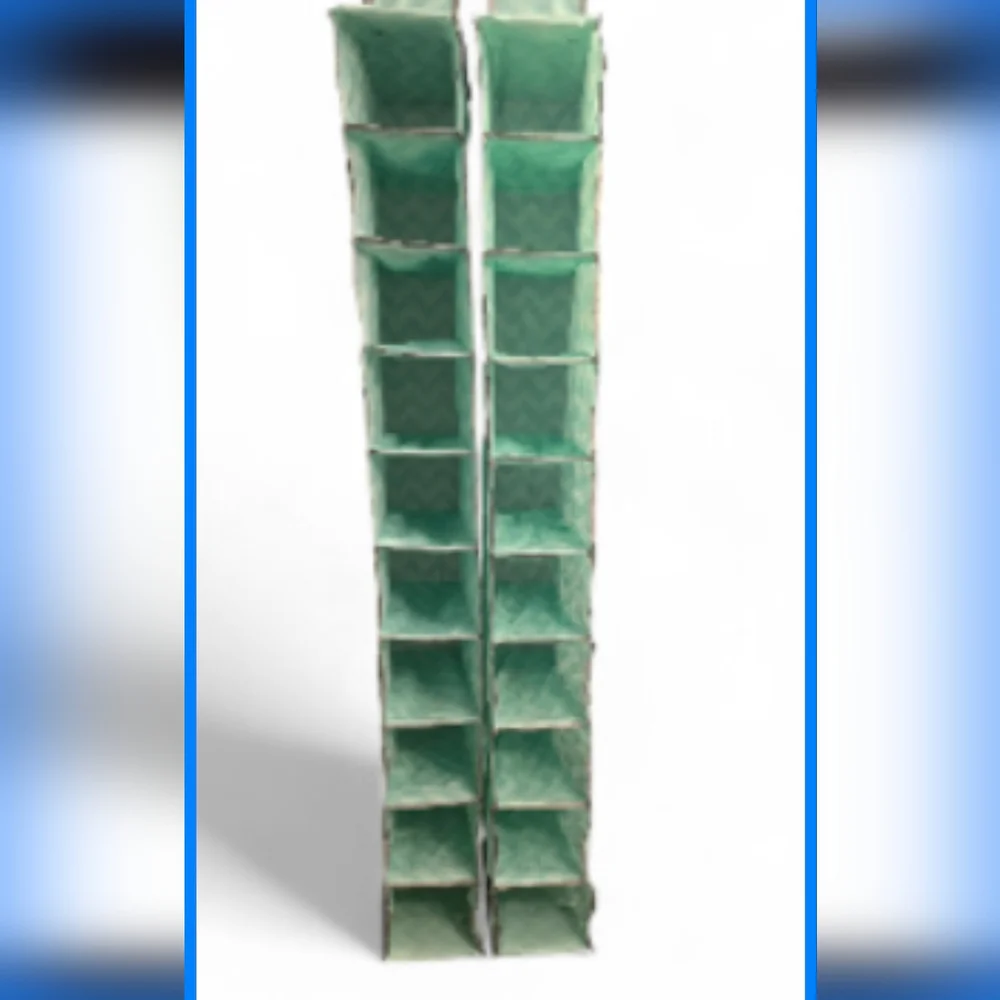 2 Shoe Organizers. Each holds 10 pairs of shoes. Teal and gray